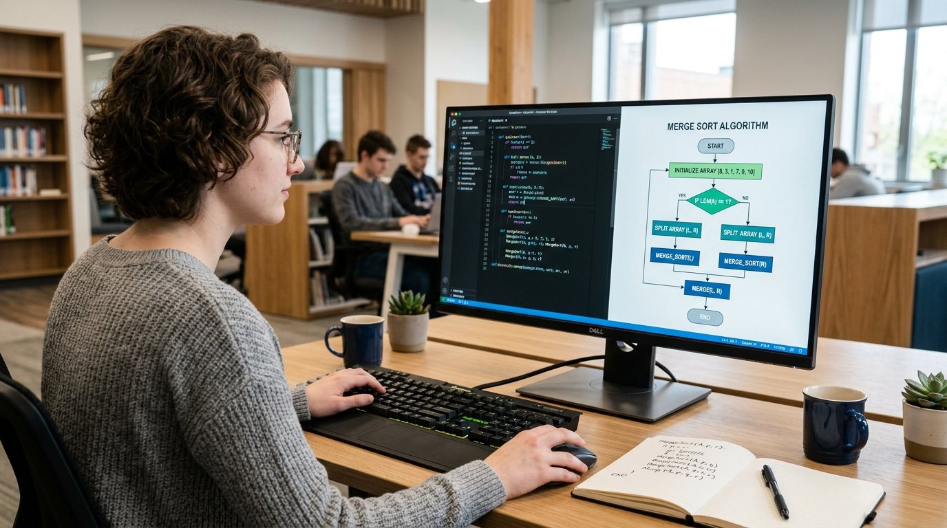 Computer science student working on programming code and an algorithm flowchart.