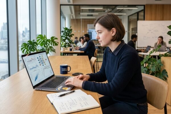 A data scientist using a laptop to analyze data and machine learning models.