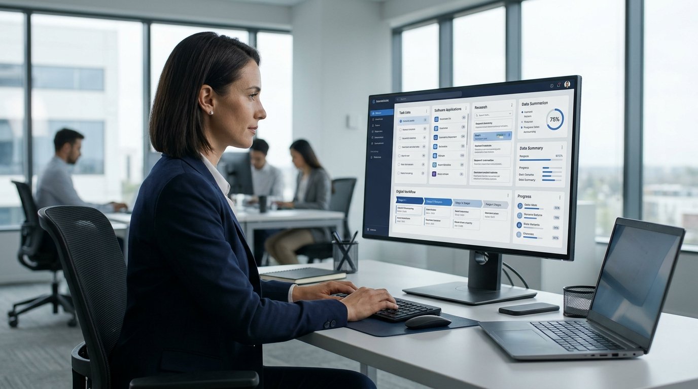 AI Agents Explained: How Autonomous AI Systems Complete Complex Tasks 5 AI agents managing complex tasks through autonomous artificial intelligence and digital workflow automation in a modern office.