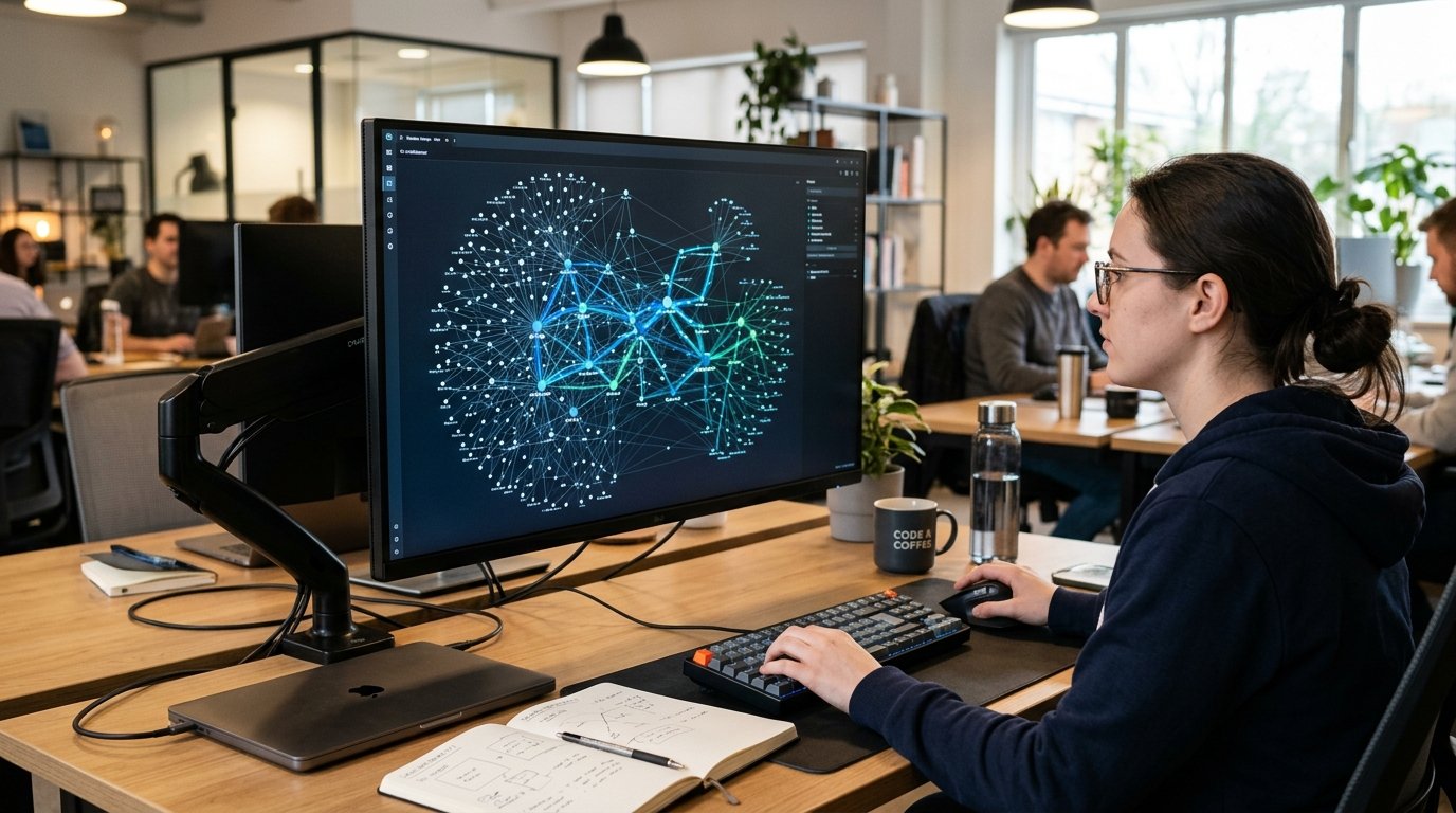 Graph algorithms visualization showing interconnected nodes and edges on a computer monitor.