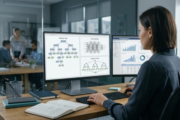 Machine learning algorithms visualized through decision trees, neural networks, and random forests on a computer monitor.