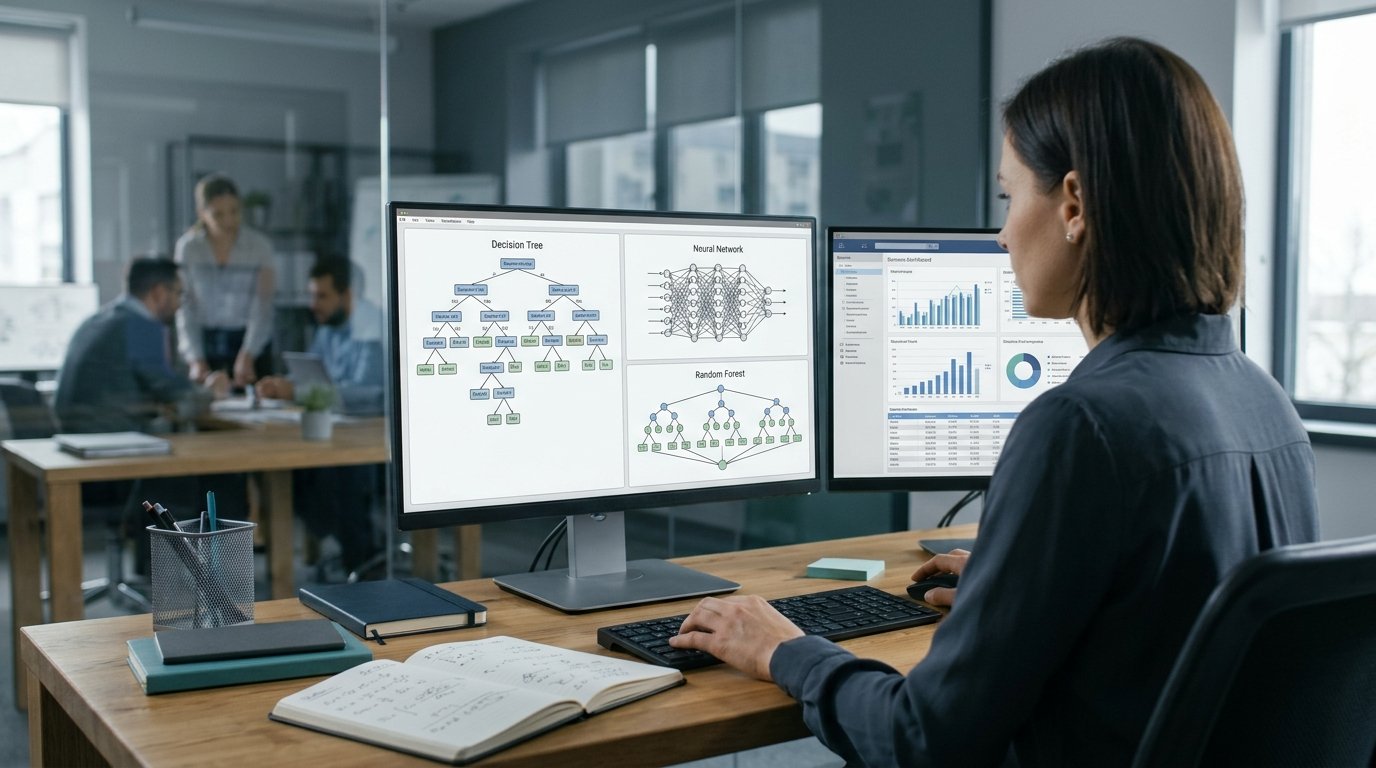 Machine learning algorithms visualized through decision trees, neural networks, and random forests on a computer monitor.