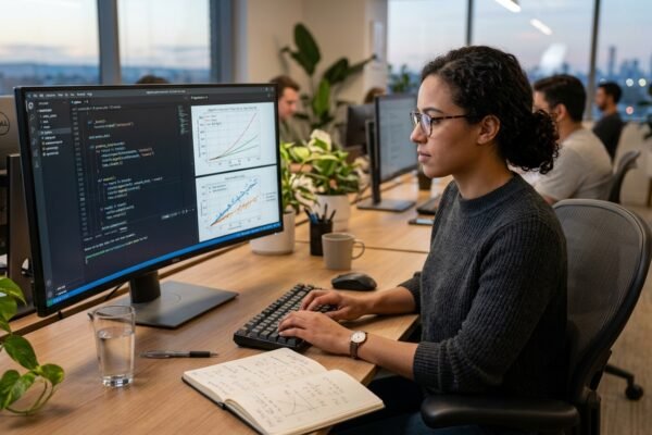 A software developer analyzing algorithms and performance graphs to understand Big O notation.