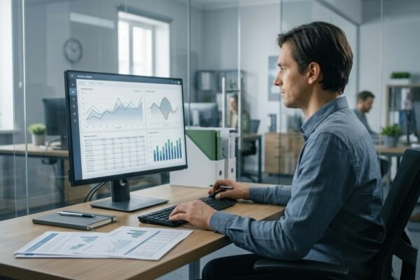 AI advantages and disadvantages illustrated by an analyst reviewing data dashboards in a modern office.