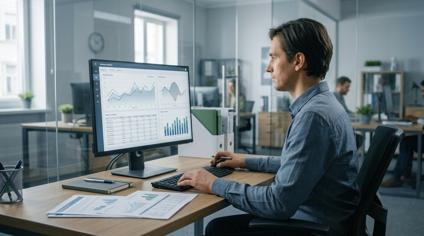 AI advantages and disadvantages illustrated by an analyst reviewing data dashboards in a modern office.