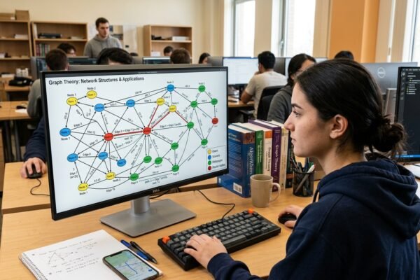 Realistic graph theory network showing interconnected vertices, edges, algorithms and computer science applications