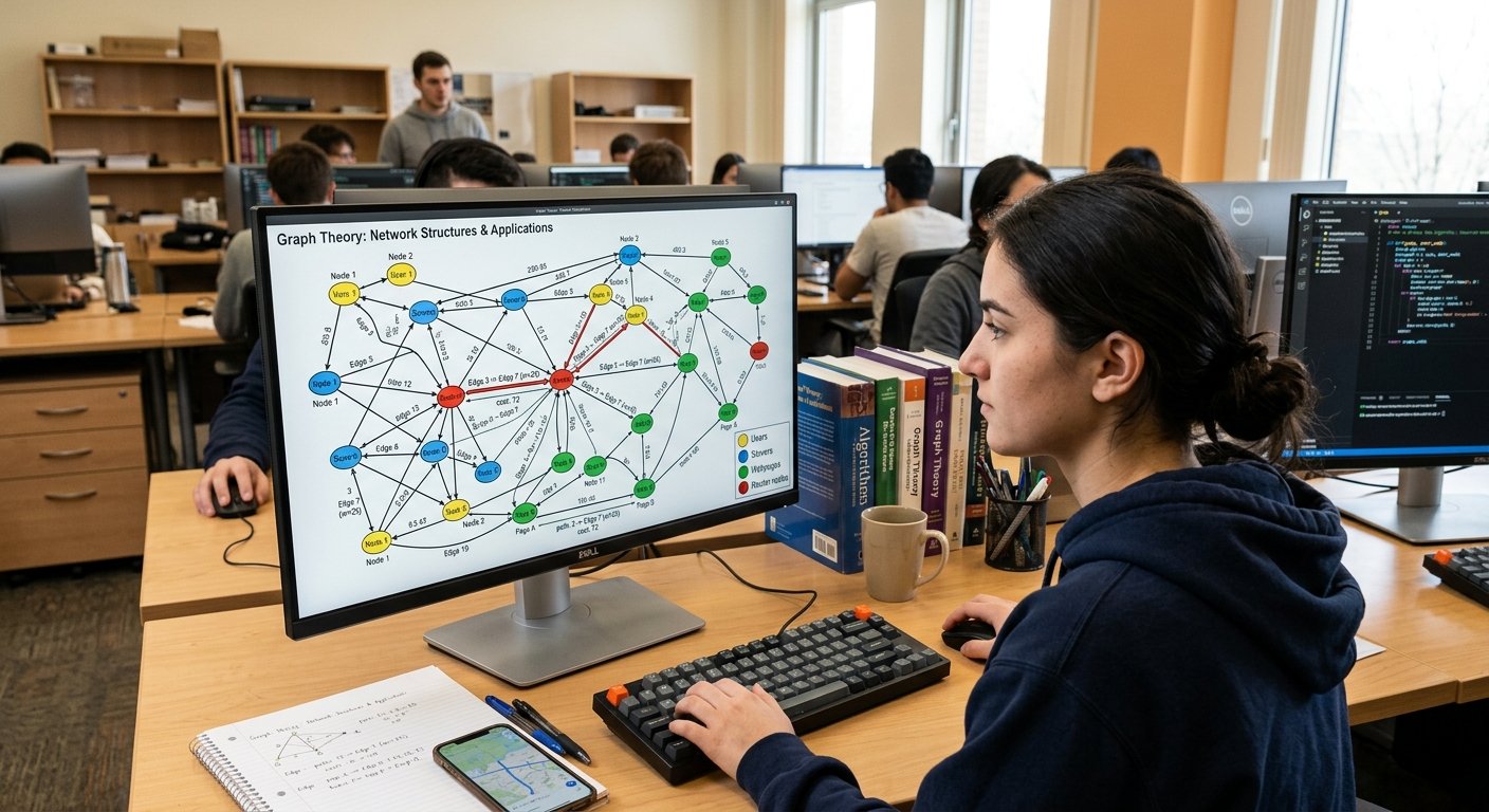 Realistic graph theory network showing interconnected vertices, edges, algorithms and computer science applications