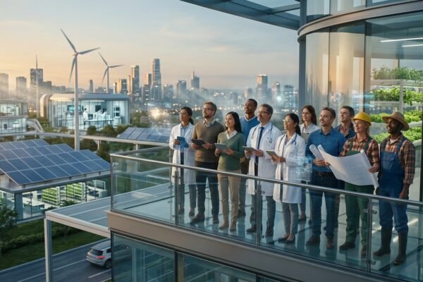 potential benefits of artificial superintelligence shown through diverse professionals overlooking a sustainable futuristic city at golden hour