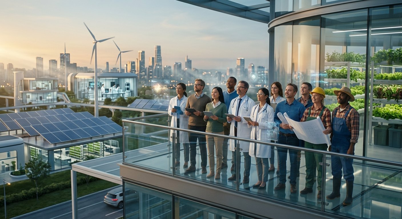 potential benefits of artificial superintelligence shown through diverse professionals overlooking a sustainable futuristic city at golden hour