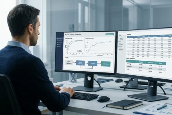 Machine learning model training, testing, and evaluation on a data scientist's computer dashboard.