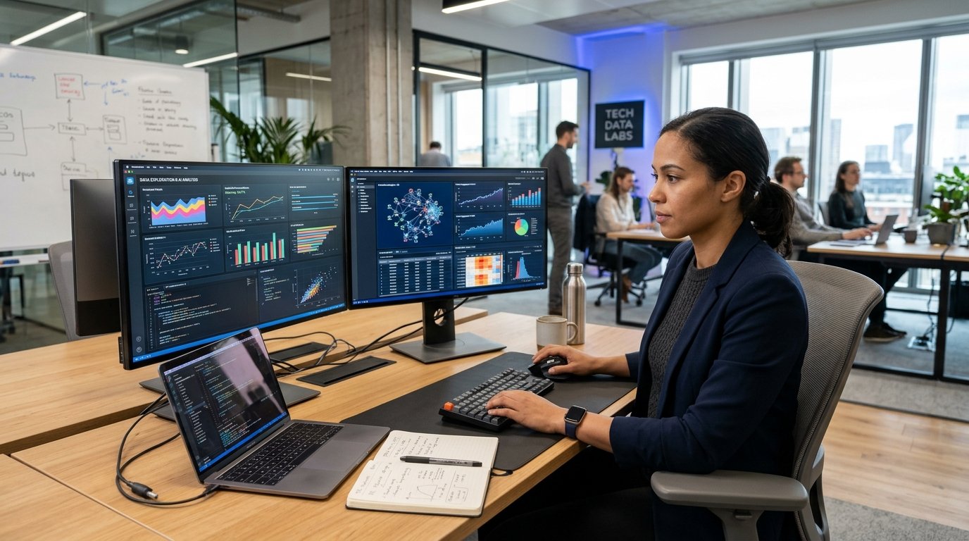 AI and machine learning helping a data scientist analyze large datasets and identify patterns.