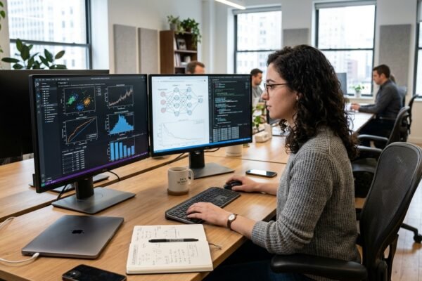 Data scientist analysing machine learning algorithms and data visualisations on computer screens