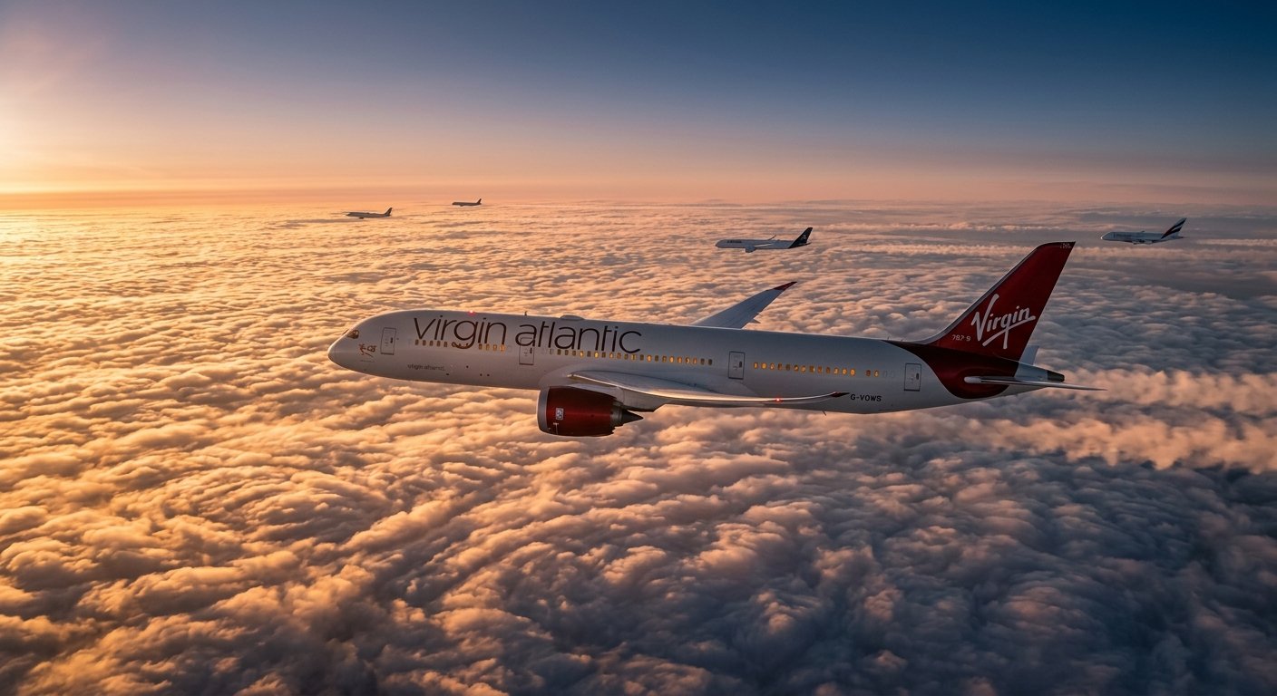 Modern passenger aircraft flying above clouds at sunset