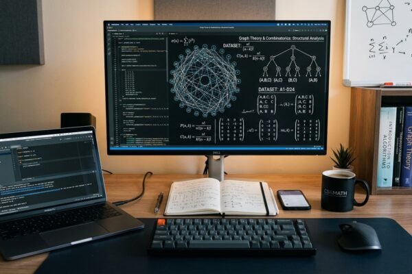 Combinatorics in computer science showing mathematical counting and digital data