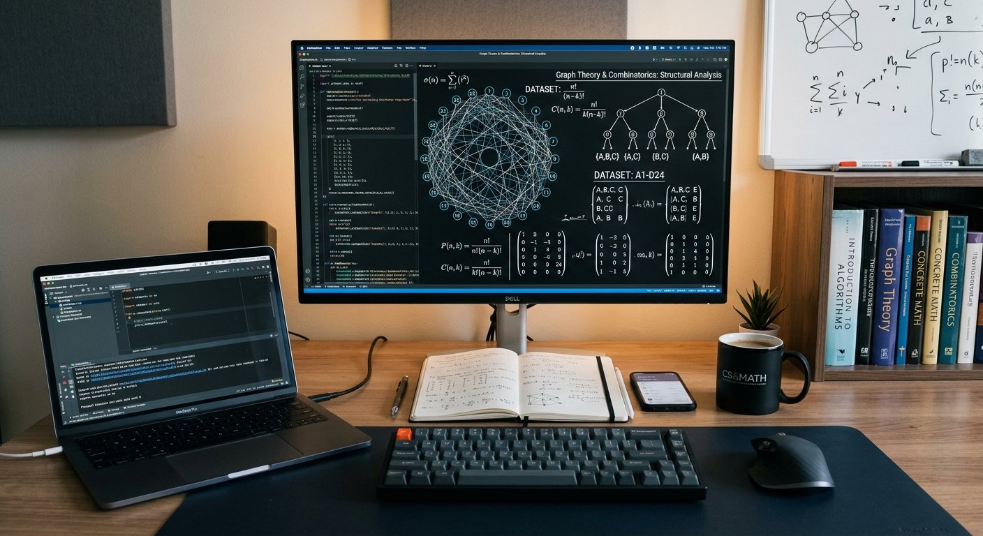 Combinatorics in computer science showing mathematical counting and digital data