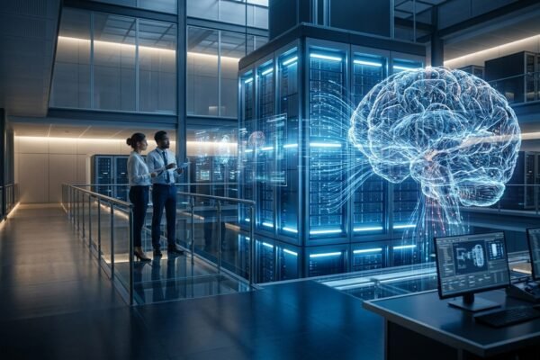 An ultra-realistic futuristic research lab illustrating the future of artificial superintelligence and advanced AI computing infrastructure.