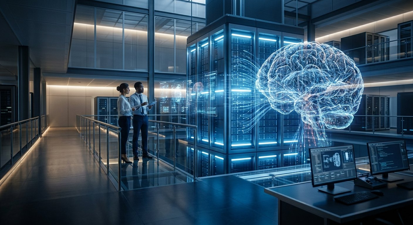An ultra-realistic futuristic research lab illustrating the future of artificial superintelligence and advanced AI computing infrastructure.