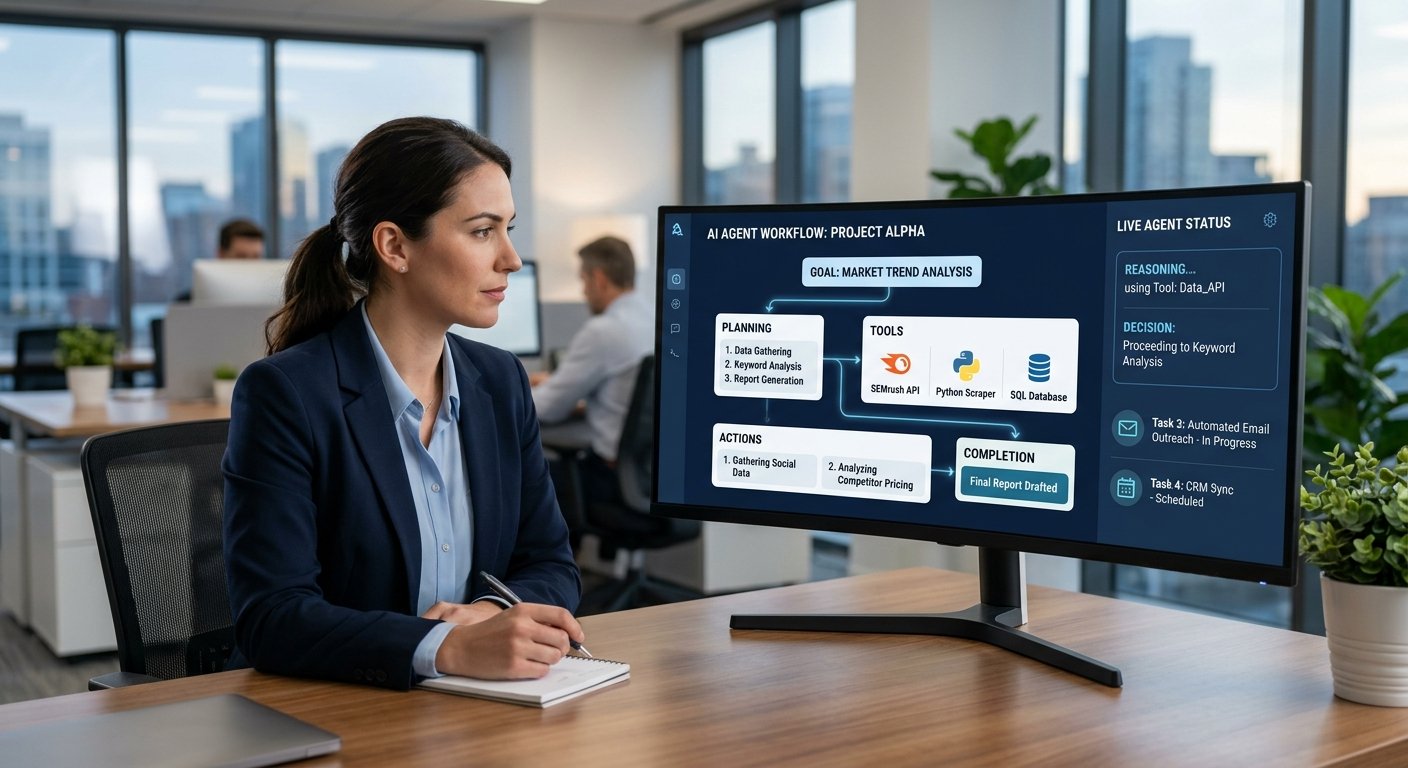 AI Agents Explained: What They Are, How They Work, and Why They Matter in 2026 6 AI agent using digital tools to plan and complete tasks with human oversight