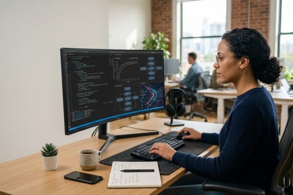 Technology professional working with computer algorithms, artificial intelligence, and data visualizations.