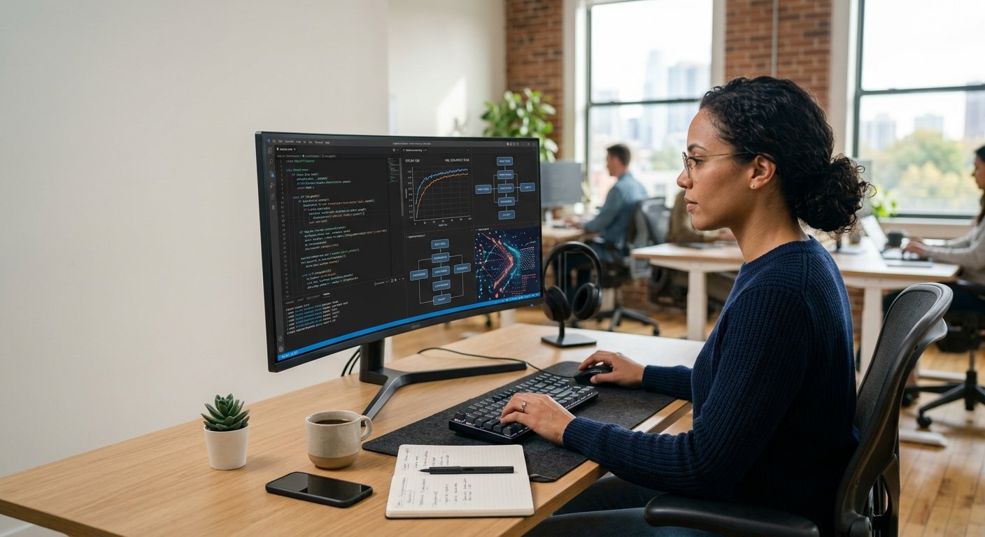 Technology professional working with computer algorithms, artificial intelligence, and data visualizations.