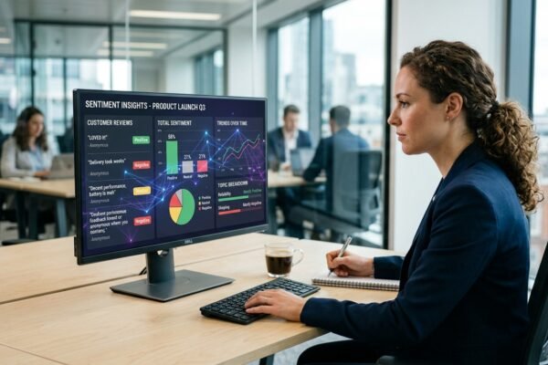 AI-powered sentiment analysis dashboard identifying positive, negative, and neutral customer opinions.