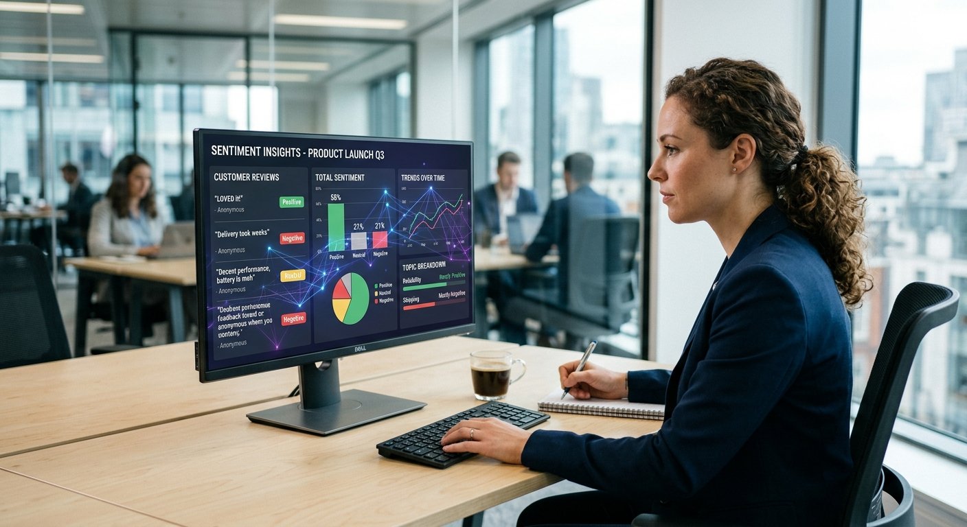 Sentiment Analysis Explained: How AI Understands Opinions in Text 5 AI-powered sentiment analysis dashboard identifying positive, negative, and neutral customer opinions.