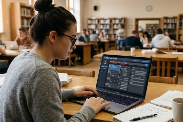 Person searching for record in a database on a laptop