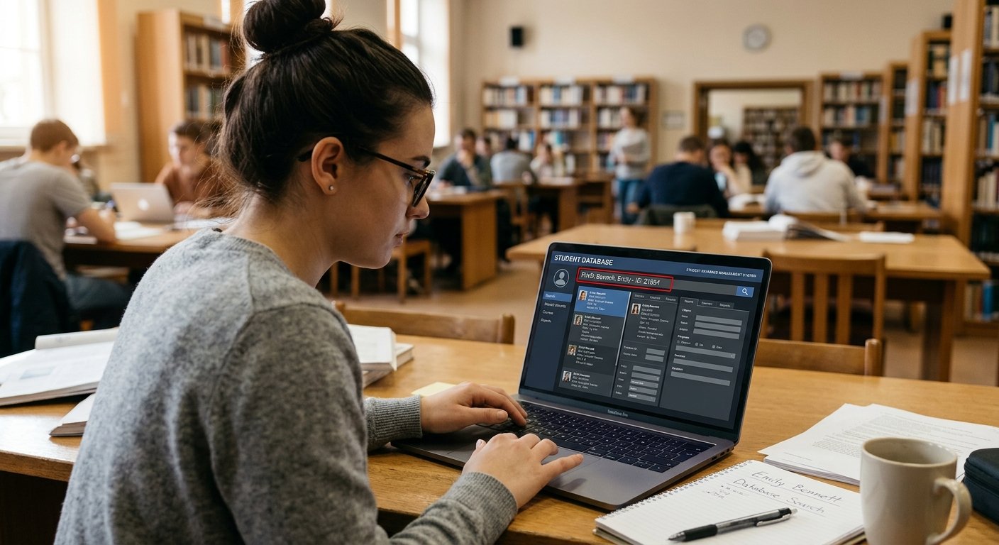Person searching for record in a database on a laptop