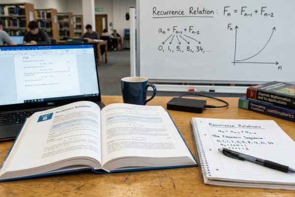 Recurrence relations in discrete mathematics illustrated with mathematical formulas and the Fibonacci sequence.