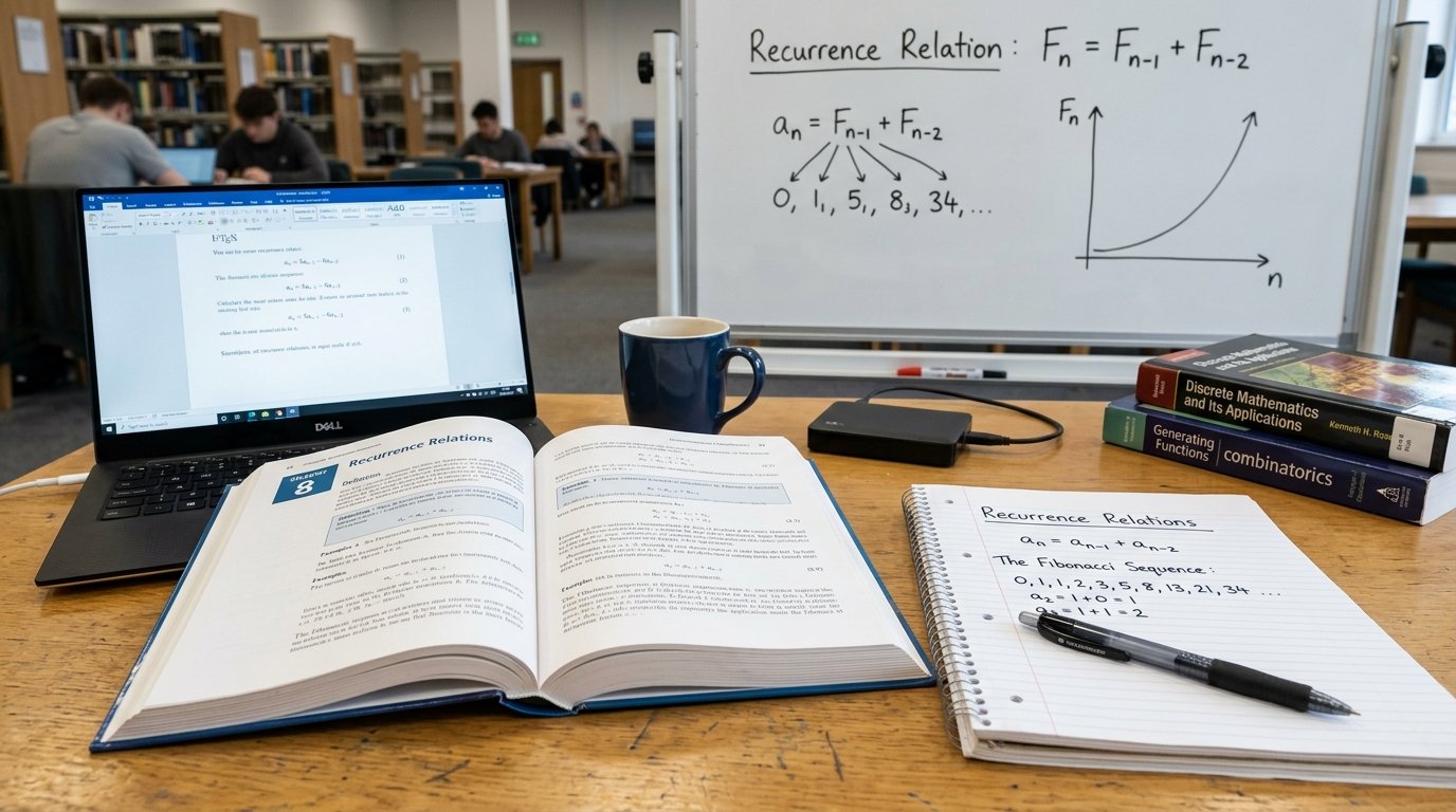 Recurrence relations in discrete mathematics illustrated with mathematical formulas and the Fibonacci sequence.