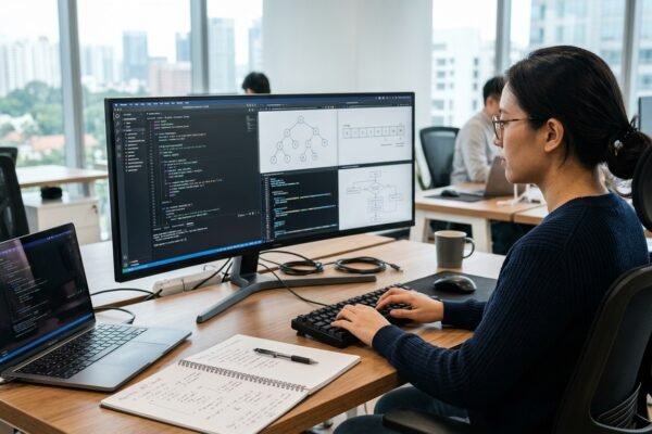 Software developer studying programming code and algorithm design on a computer monitor