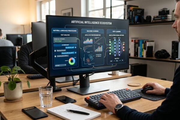 Natural language processing, machine learning, and deep learning displayed on a computer screen.