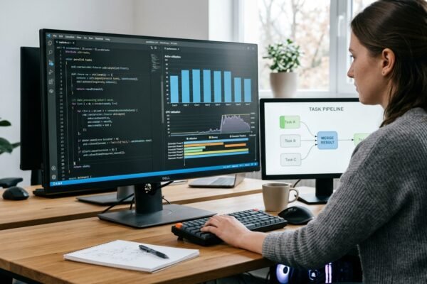 Software developer working on parallel programming code with CPU and GPU performance monitoring displayed on computer screens.