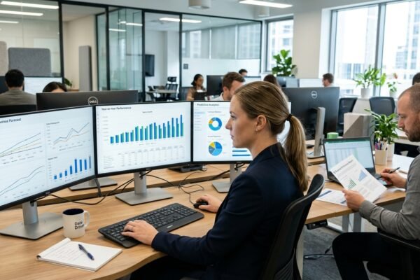 Predictive analytics dashboard displaying business forecasts and historical data trends.