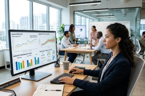 Business analyst using machine learning dashboards to improve business efficiency and decision-making.