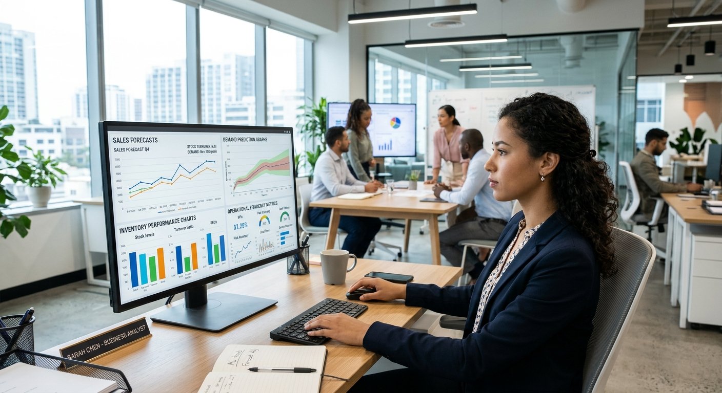 How Businesses Use Machine Learning to Improve Efficiency and Decision-Making 2 Business analyst using machine learning dashboards to improve business efficiency and decision-making.