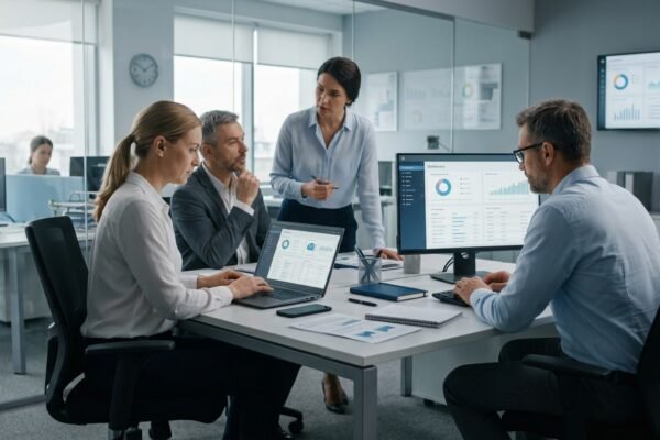 AI and the future of work with employees using artificial intelligence in a modern workplace