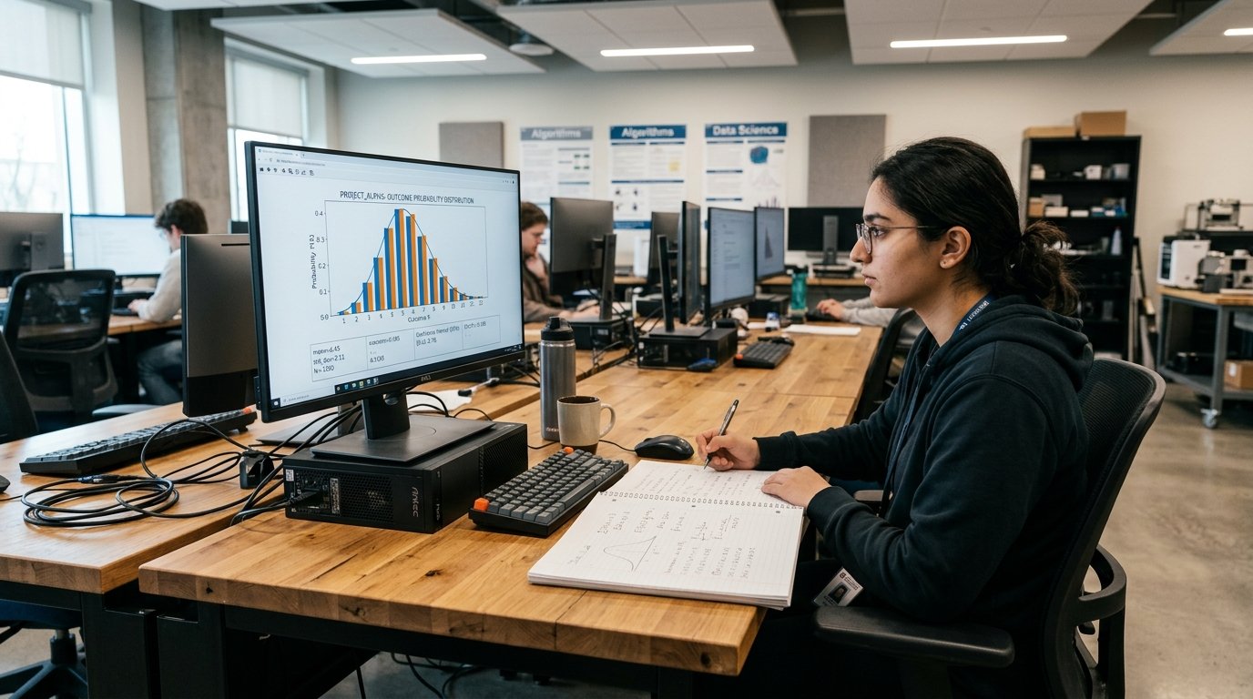 Discrete probability distribution graph displayed on a computer in a computer science laboratory