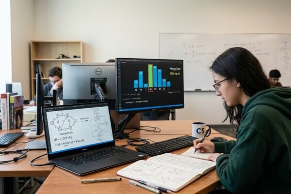 Student studying discrete mathematics and algorithm design with graphs, logic, and mathematical notation