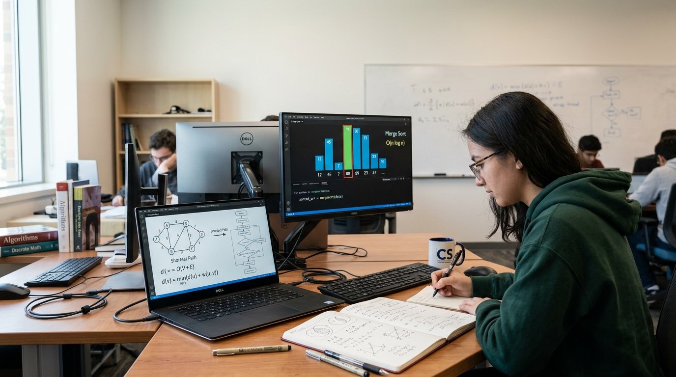 Student studying discrete mathematics and algorithm design with graphs, logic, and mathematical notation
