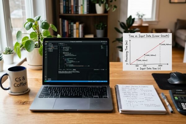 Laptop displaying code and a graph illustrating algorithm time and space complexity