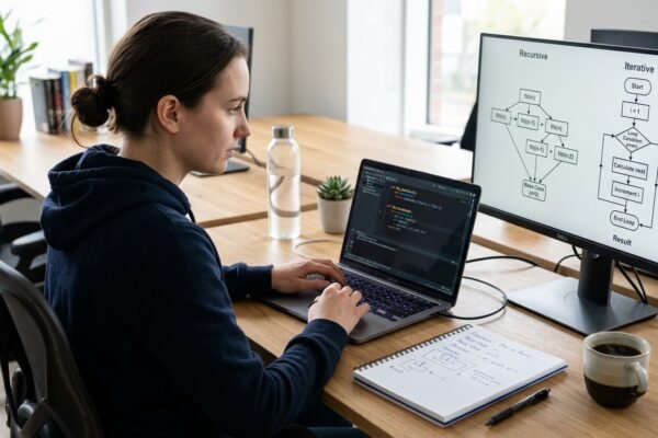 Programmer's workspace showing Python code and a flowchart illustrating recursion and iteration in algorithms.