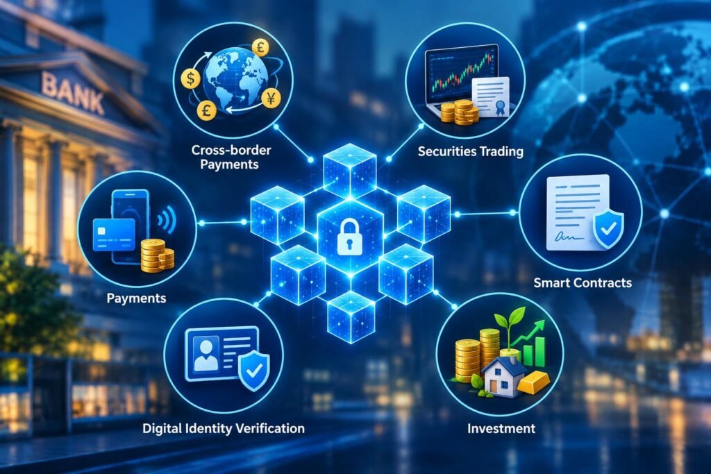 Applications of blockchain in finance, including payments, trading, smart contracts, identity verification, and investment.
