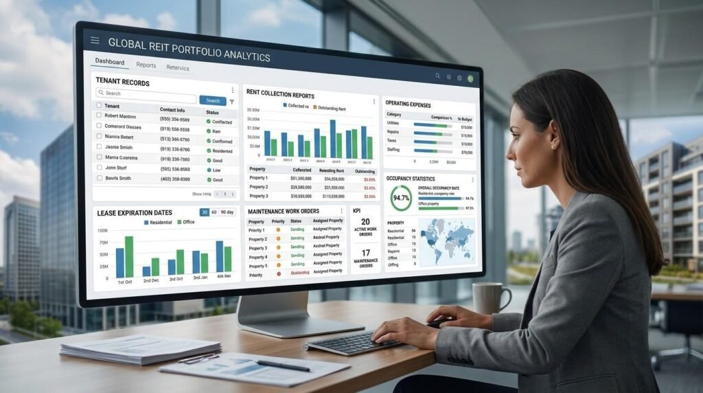 Property Management Software for REITs: Digital Tools for Managing Real Estate Portfolios 2 Property management software dashboard showing tenant management, rent collection, maintenance scheduling, and REIT portfolio analytics.
