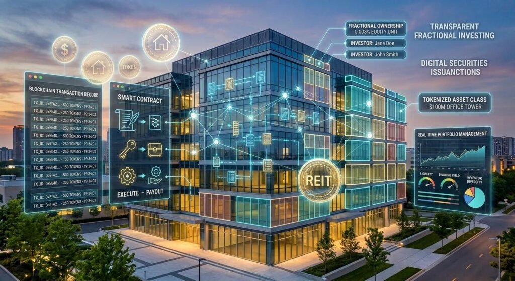 How blockchain tokenization enables fractional real estate investment and digital REIT transactions.