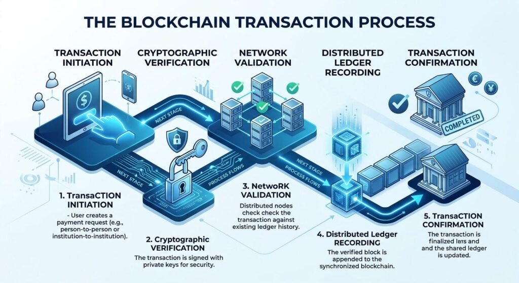 How blockchain technology verifies and records financial transactions on a distributed ledger.