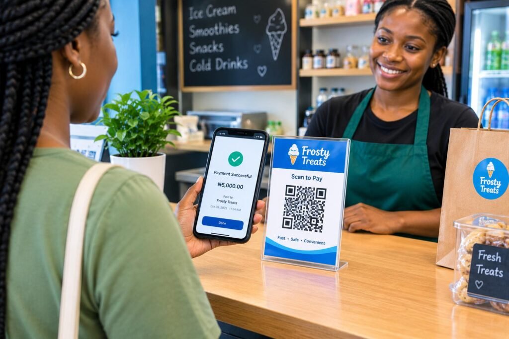 Cashless Banking: Digital Payments, Bank Transfers, and Digital Wallets Explained 2 Customer scanning a QR code to make a cashless digital payment at a retail shop.