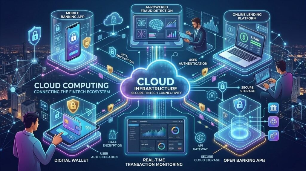 Cloud computing connecting mobile banking, digital wallets, online lending, AI, and fintech services.
