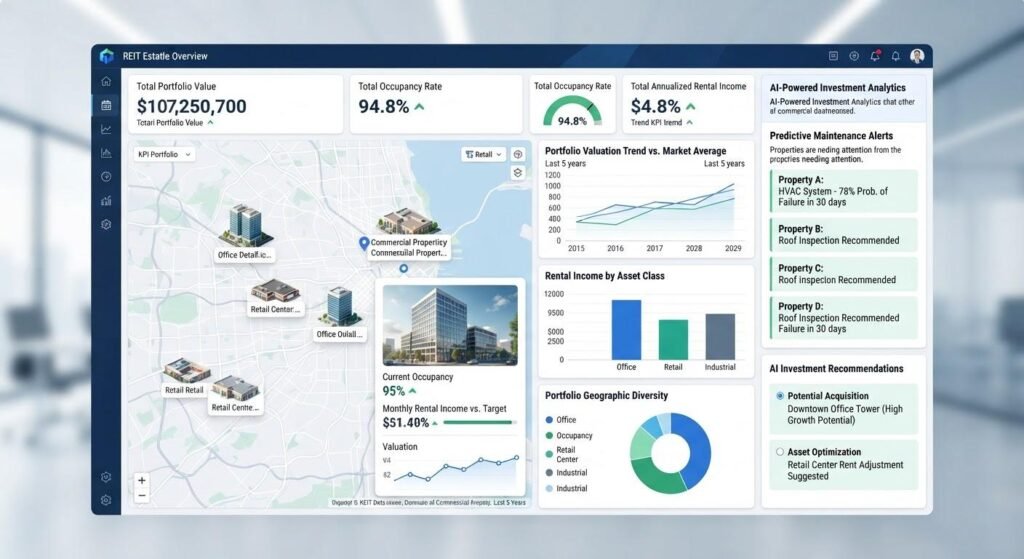 Digital real estate investment dashboard displaying property valuations, rental income, occupancy data, and investment analytics.
