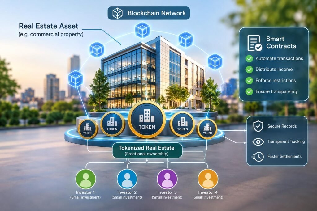 Tokenization of real estate investment through blockchain, digital tokens, and smart contracts.